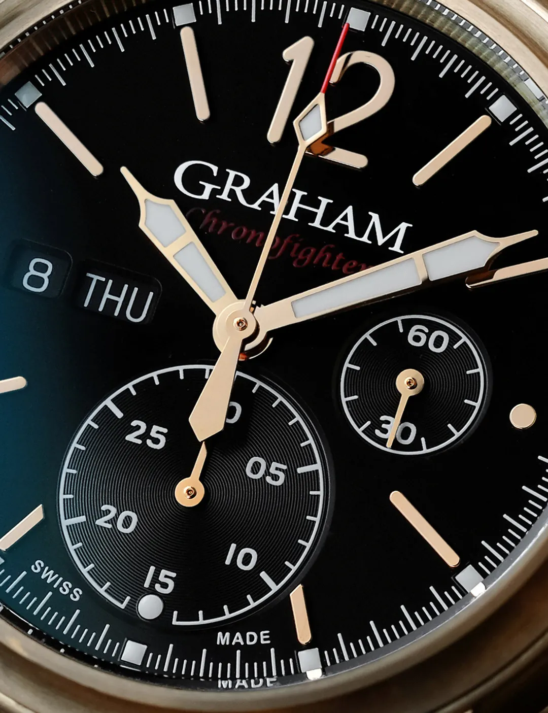 Graham wristwatch detail, studio product photograph