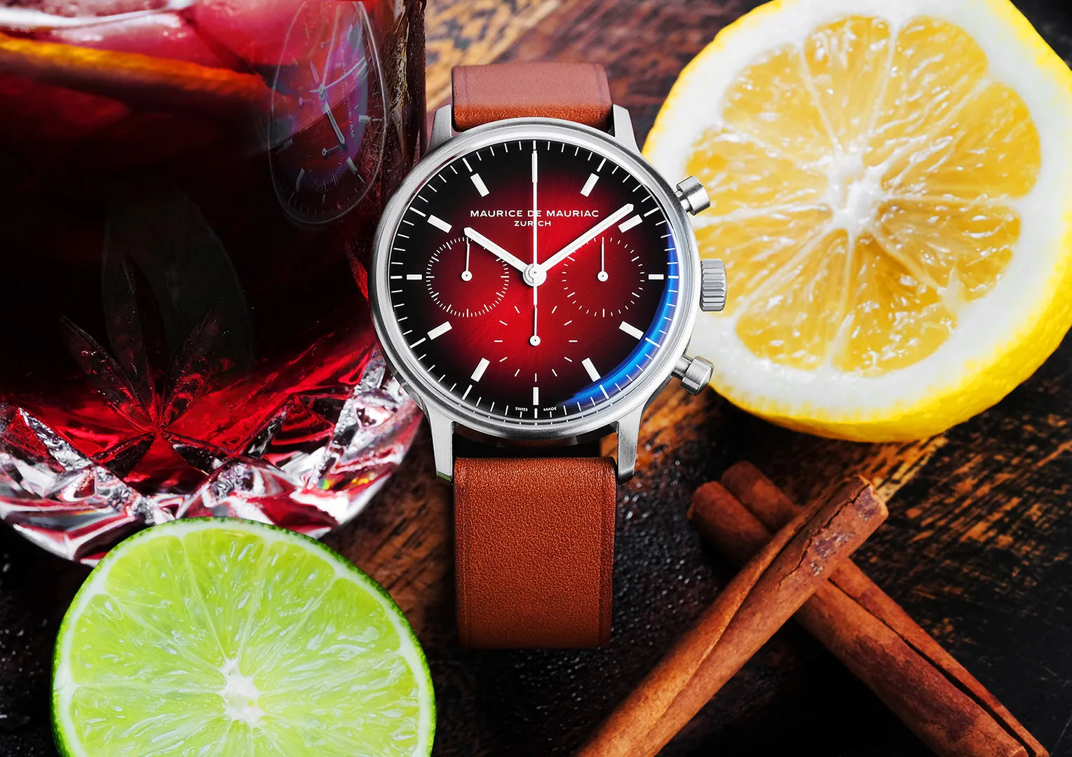 Maurice de Mauriac wristwatch detail, studio product photograph